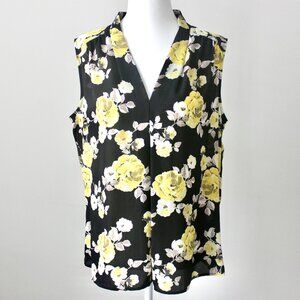 NWT Nine West Black Yellow Floral Sleeveless Pleated V-Neck Blouse Medium
